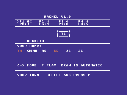 Rachel running in C64 emulation: eight player counts above the discard pile, with the second card highlighted in the player's hand