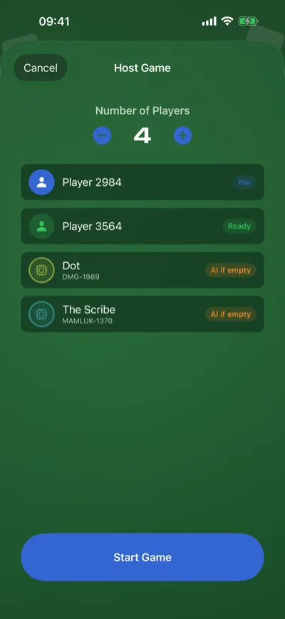 The host lobby: two human players who have joined, and two seats held by named emissaries that a joiner can still take